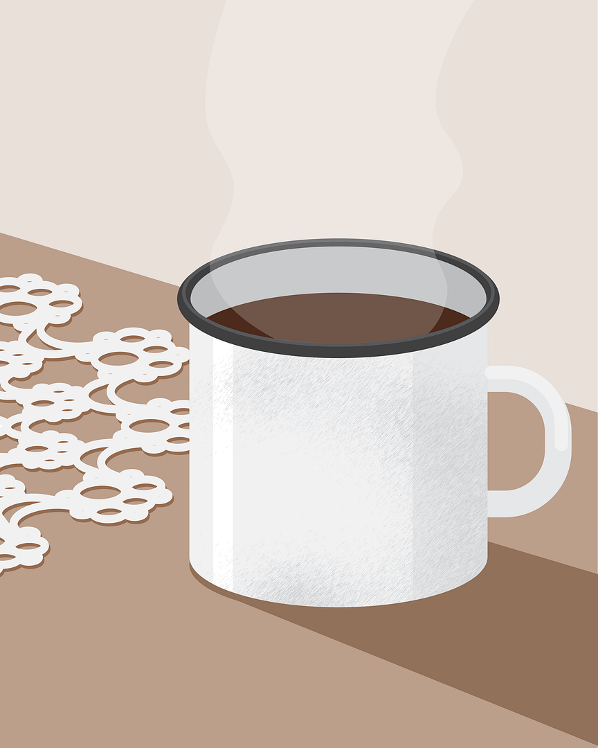 Rita Baker "Jelek" című novellájának illusztrációja. Bögre kávé a csipketerítős asztalon.